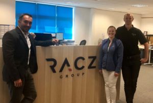 (l-r) Mike Racz with COO Laura Tarran, and Operations Manager Stephen Winspear in the reception of the new Racz Group office at Wynyard Business Park.